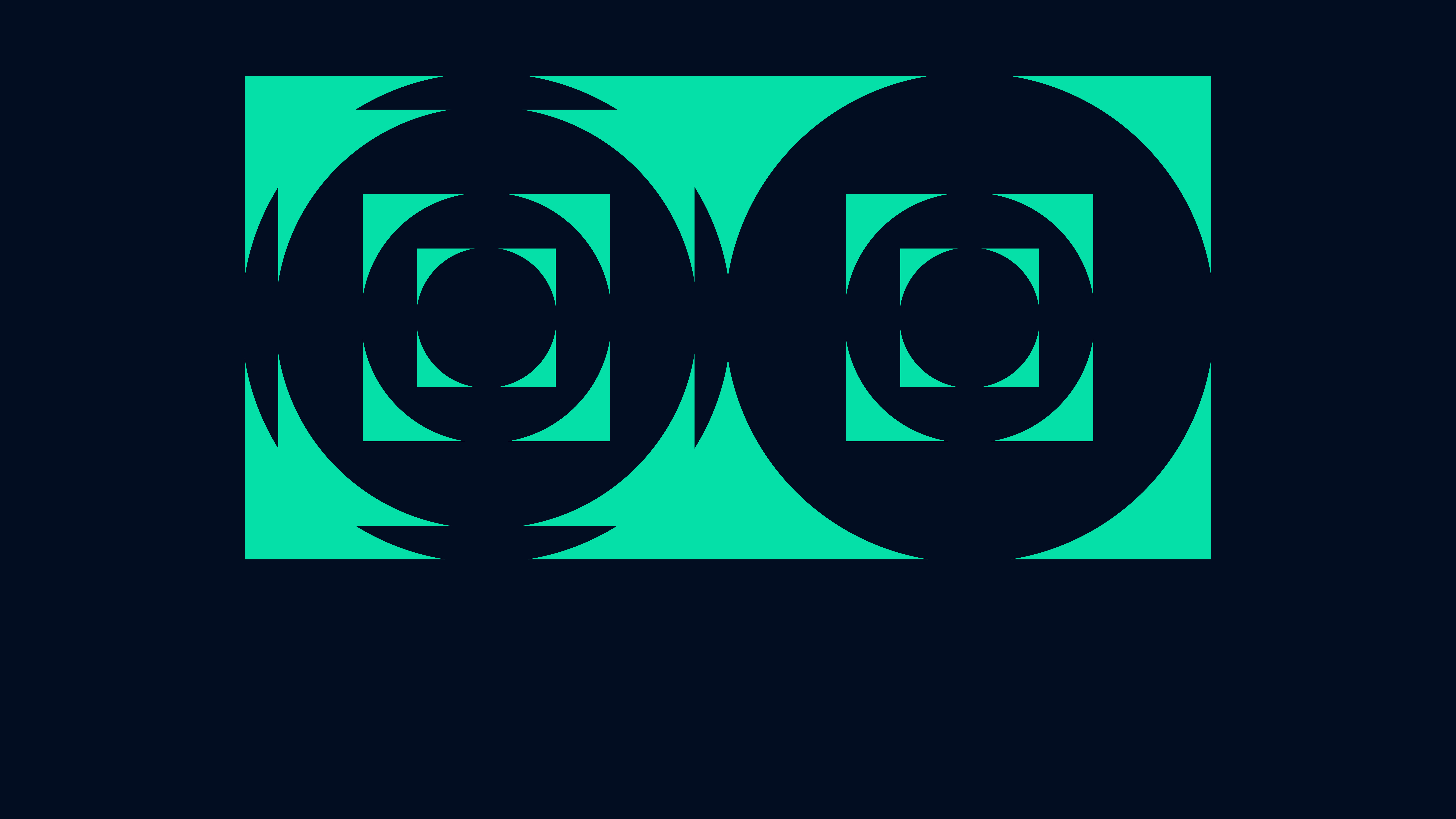 Abstract design with two green square shapes, each containing a dark circle surrounded by four green curved triangular segments, set against a dark background.