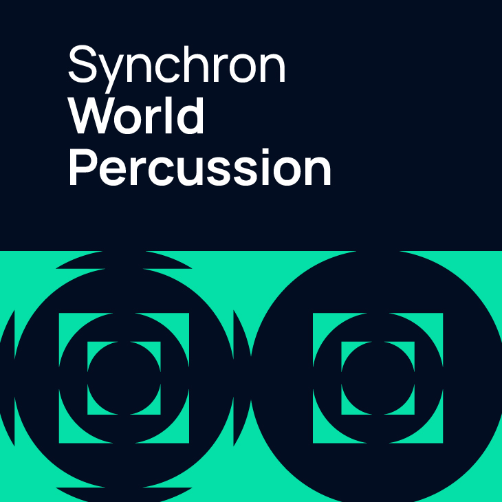 Synchron World Percussion logo featuring white text on a dark blue background with abstract teal geometric patterns.