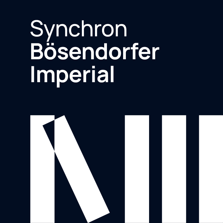 Synchron Bösendorfer Imperial logo featuring white text with abstract white piano key graphics on a dark blue background.
