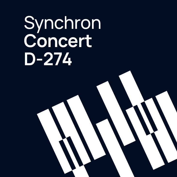 Synchron Concert D-274 album cover art with white piano keys design on a dark blue background.