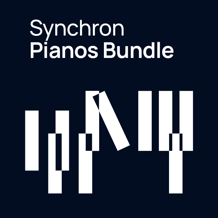 Dark blue background with white geometric shapes resembling piano keys and the text Synchron Pianos Bundle.