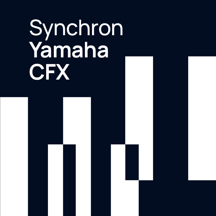 Synchron Yamaha CFX logo on a dark blue background with white vertical bars resembling a sound wave or equalizer.