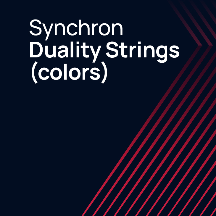 Synchron Duality Strings Colors text on a dark blue background with diagonal red lines representing strings.