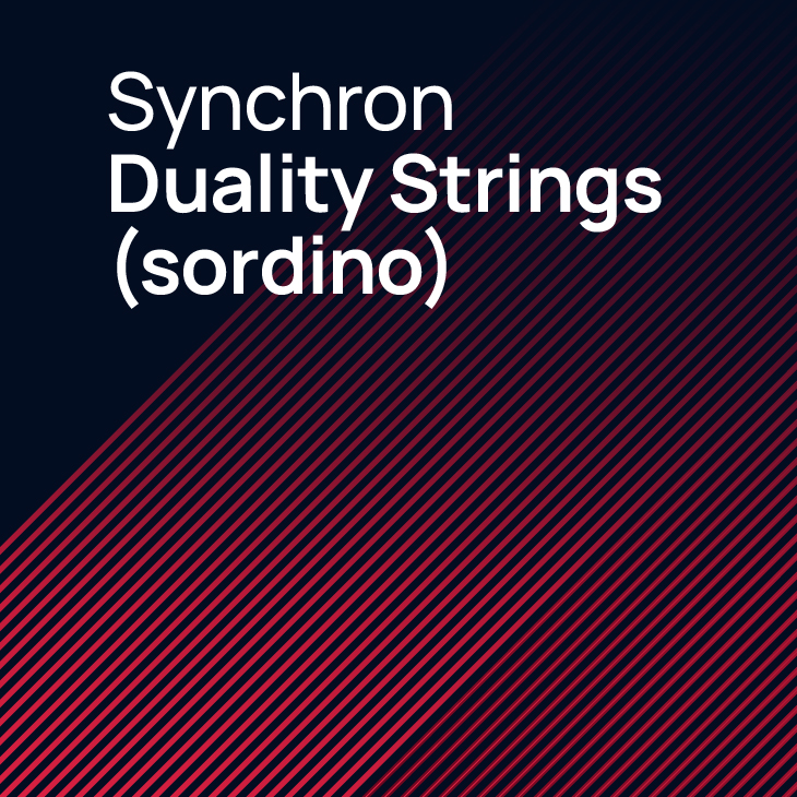 Text image displaying Synchron Duality Strings (sordino) in white font on a dark background with red diagonal lines.