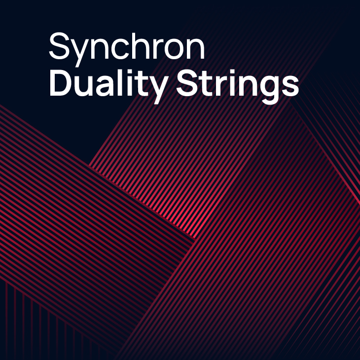 Synchron Duality Strings product cover art with white text on a dark background featuring red diagonal lines