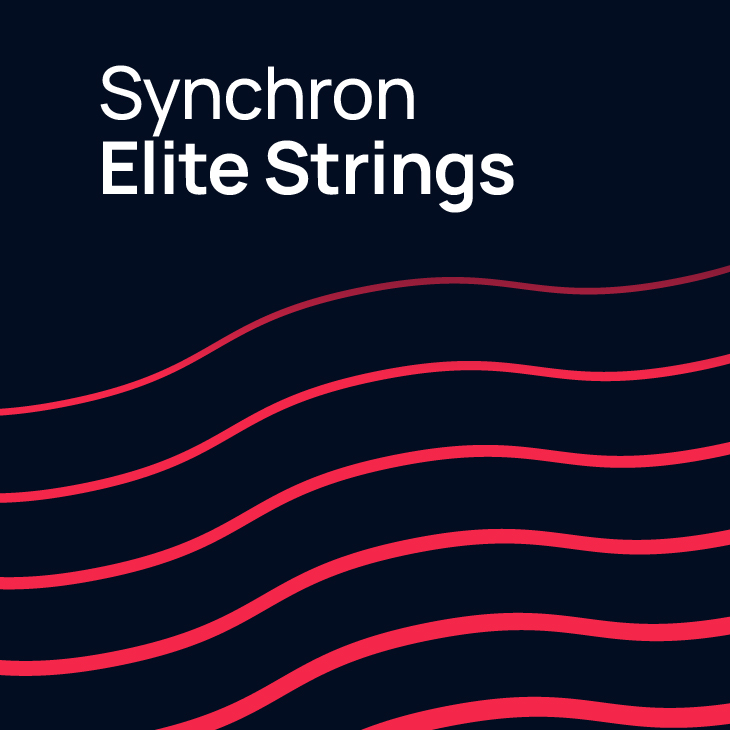 Synchron Elite Strings title graphic with white text on a dark blue background and flowing red lines.