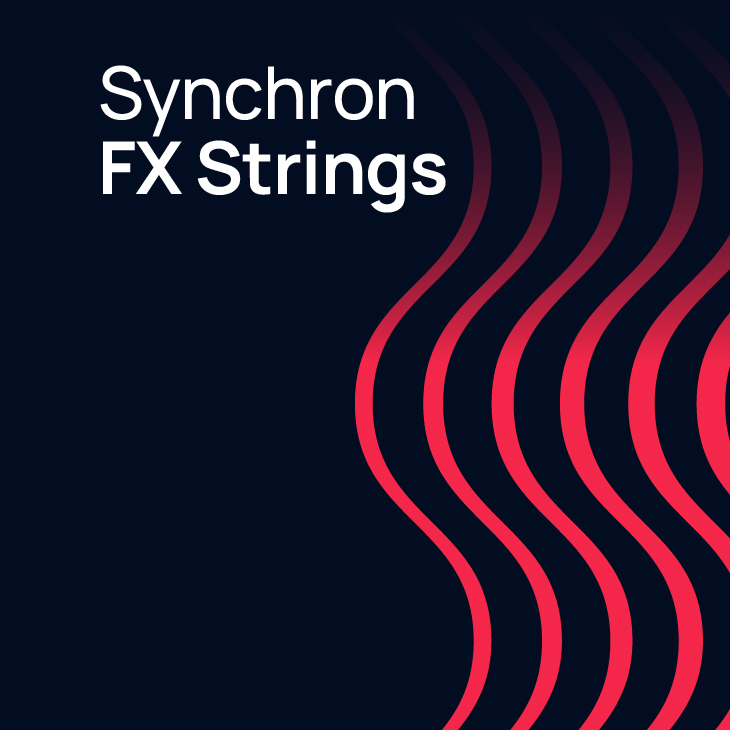 Synchron FX Strings text on a dark background with five vibrant red wavy lines on the right side.