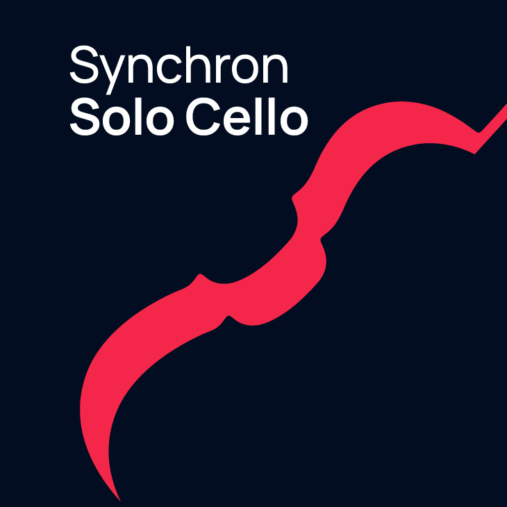Synchron Solo Cello album art with white text on a dark background and a red abstract shape.