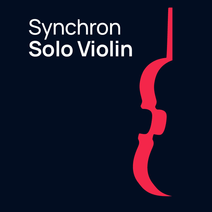 Synchron Solo Violin text over a dark blue background with a partial red violin outline on the right.