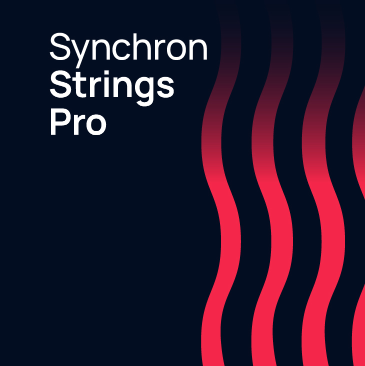 Synchron Strings Pro software logo with white text on a dark background, featuring dynamic red wavy lines on the right side.
