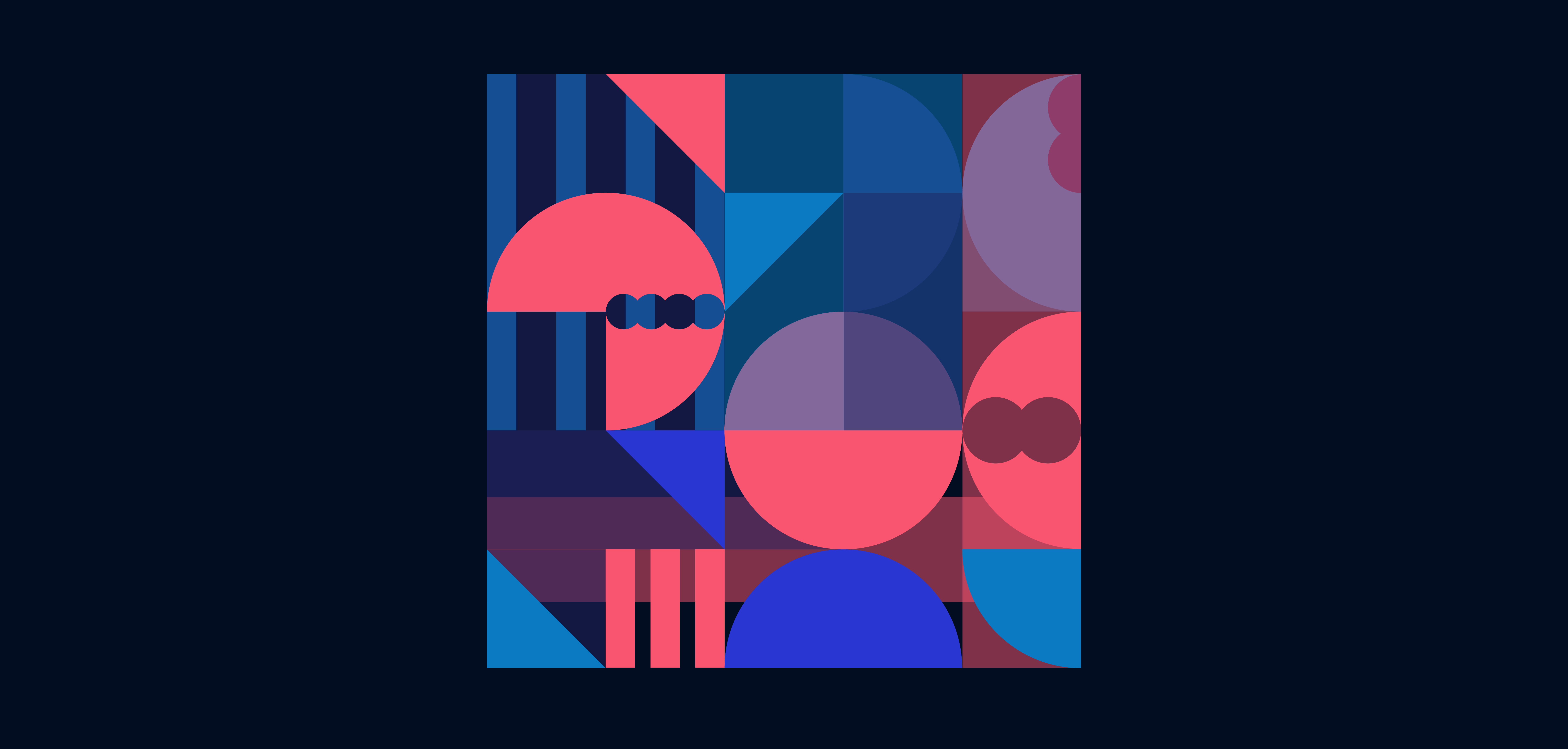 Abstract graphic design with geometric shapes including circles, semicircles, triangles, and rectangles in shades of blue, pink, and purple, symbolizing the Vienna Synchron Series.