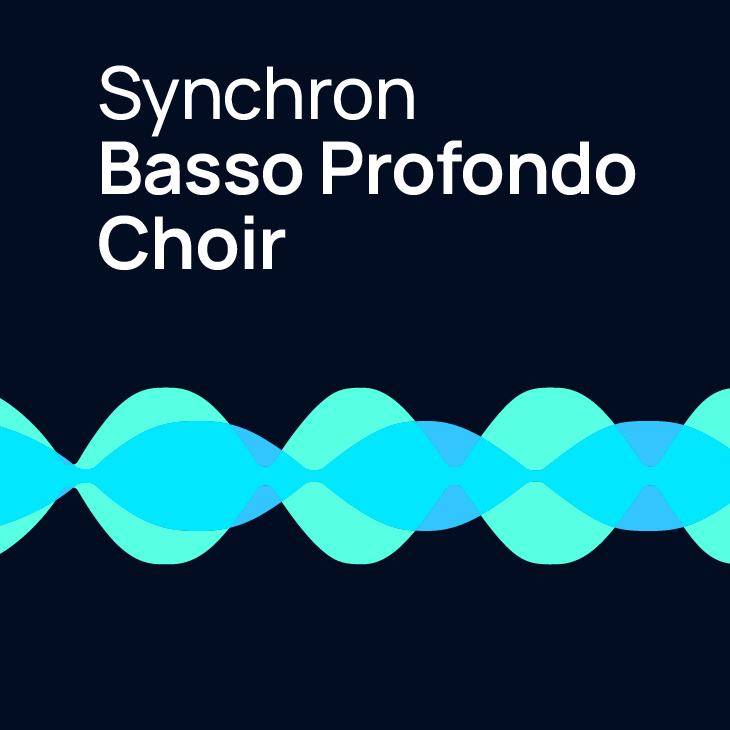 Album art for Synchron Basso Profondo Choir featuring white text against a dark background with blue abstract sound waves.