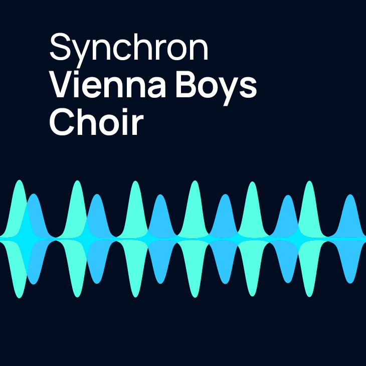 Synchron Vienna Boys Choir logo with a dark background and abstract blue and turquoise sound waves.