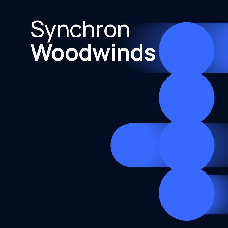 Synchron Woodwinds logo on a dark background with blue abstract shapes representing a wind instrument.