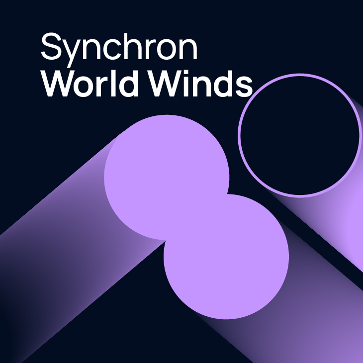 Album art for Synchron World Winds, featuring white text on a dark background with two purple circles and abstract purple shapes.