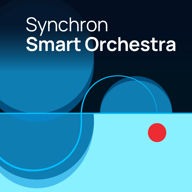 Synchron Smart Orchestra logo: white text on a dark blue background with several overlapping blue circles and a prominent red dot on a light blue background.