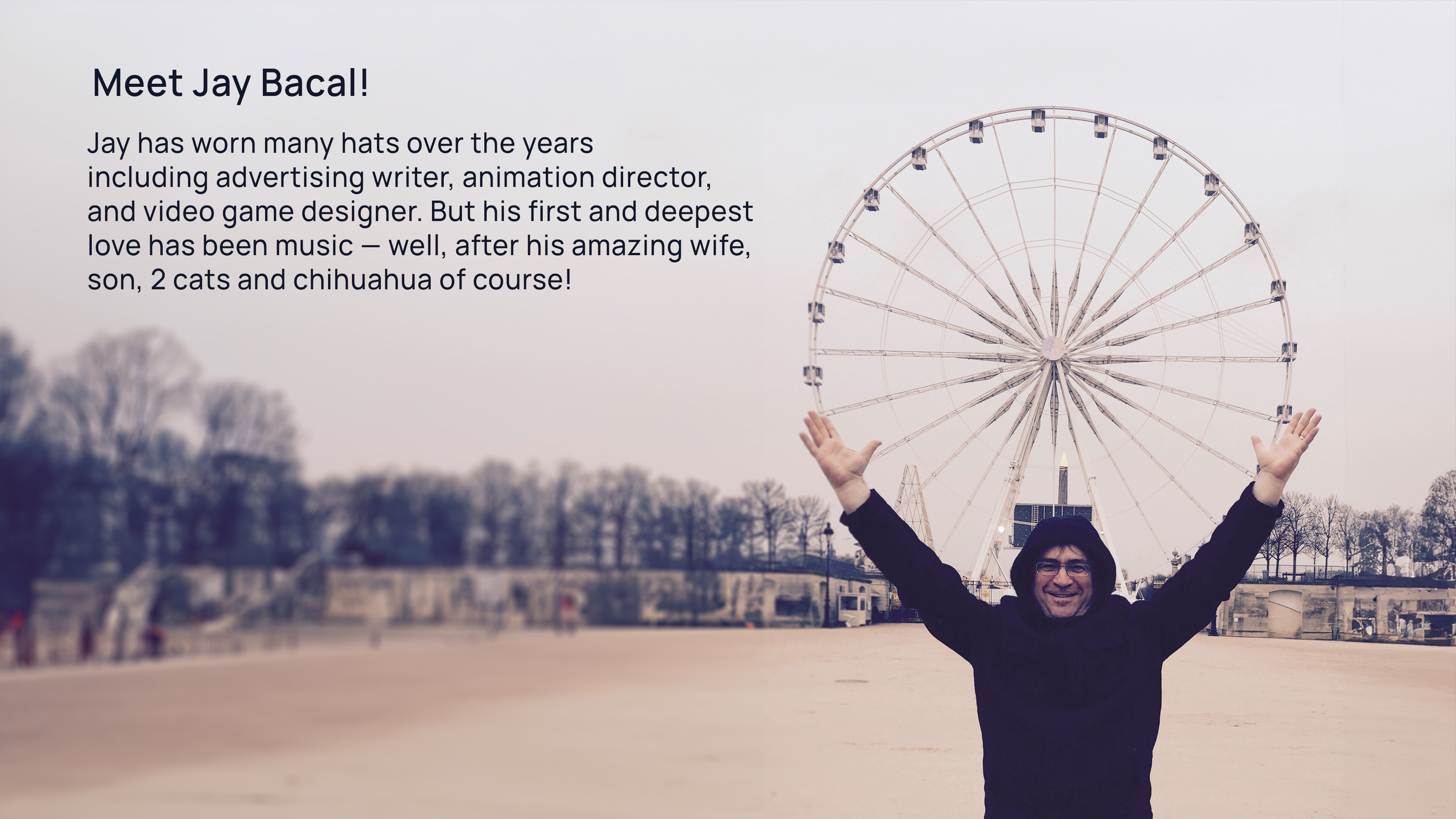 Jay Bacal smiling with arms raised high, standing in front of a large Ferris wheel, illustrating his multifaceted career and passions.
