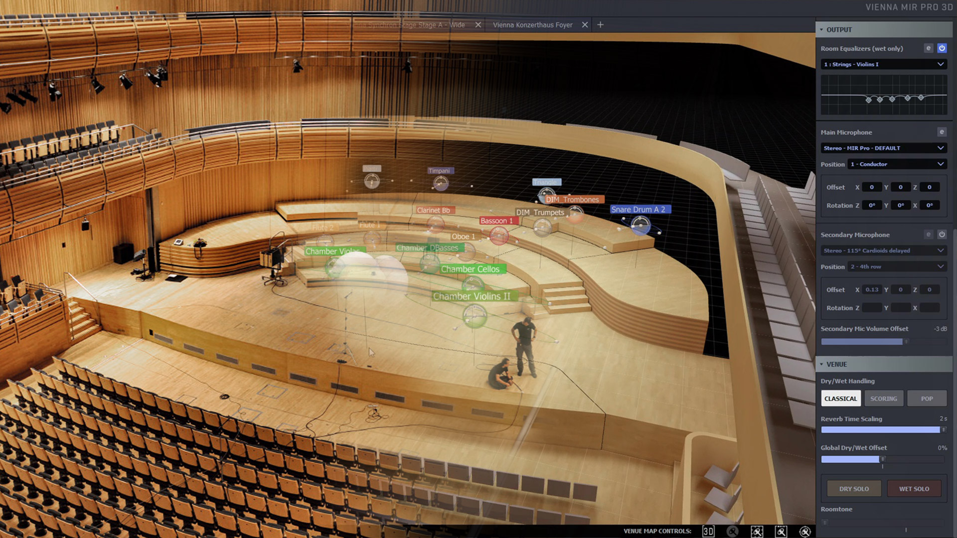 Vienna MIR Pro 3D software interface showing a virtual view of Vienna Konzerthaus Foyer with instrument placement and audio settings.