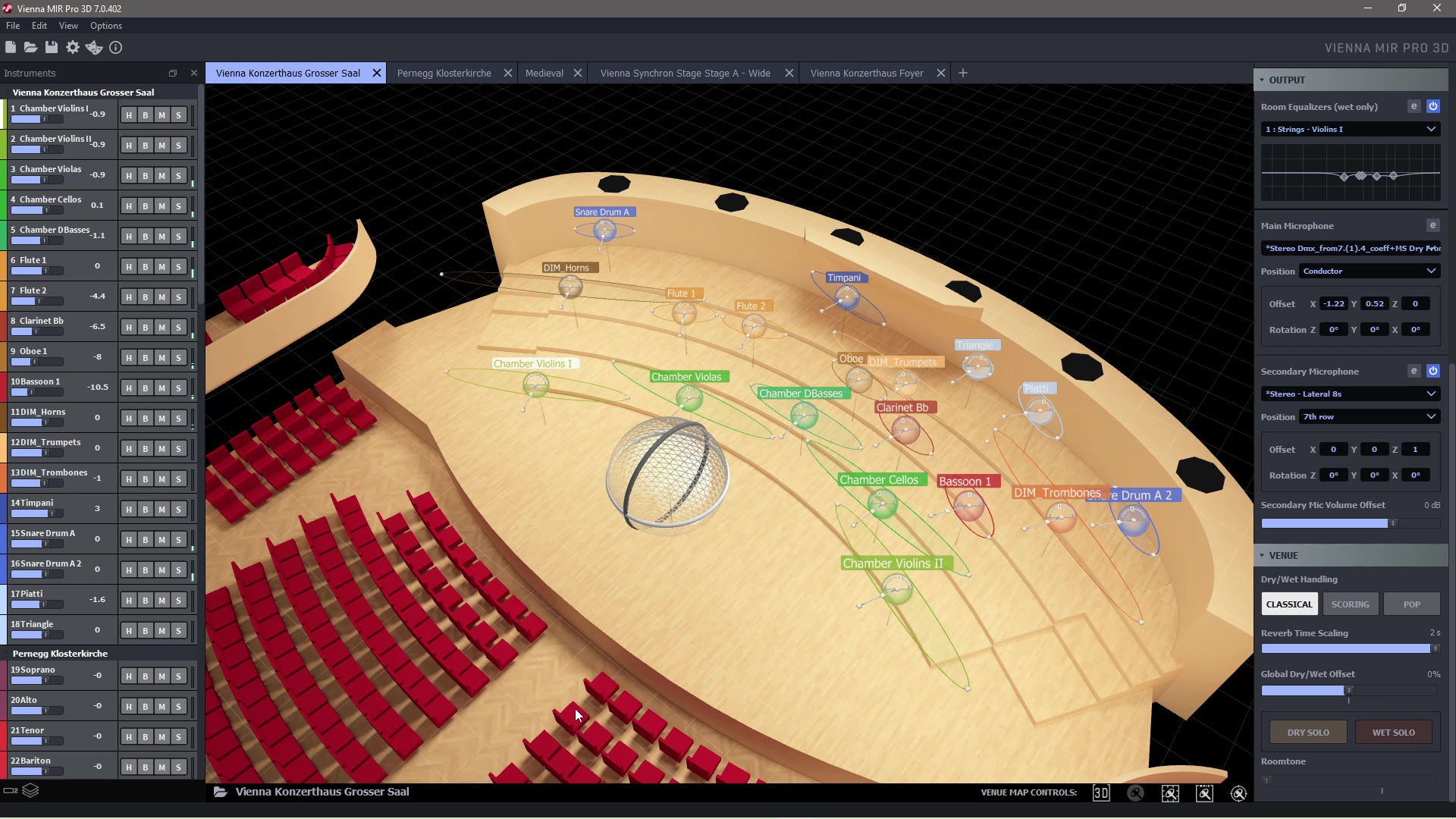 Vienna MIR Pro 3D software showing a virtual orchestra stage with instrument positions, seating, and audio mixing controls.