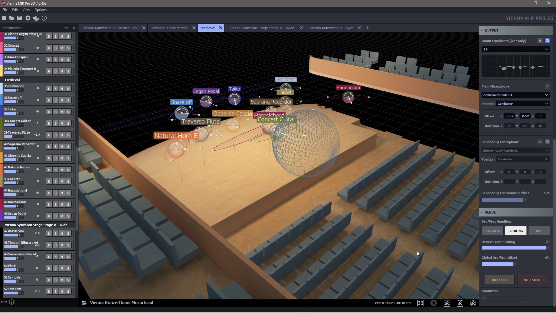 3D rendering of Vienna MIR Pro 3D software showing an array of virtual instruments positioned on a simulated concert hall stage, including a large transparent sphere representing the main microphone.