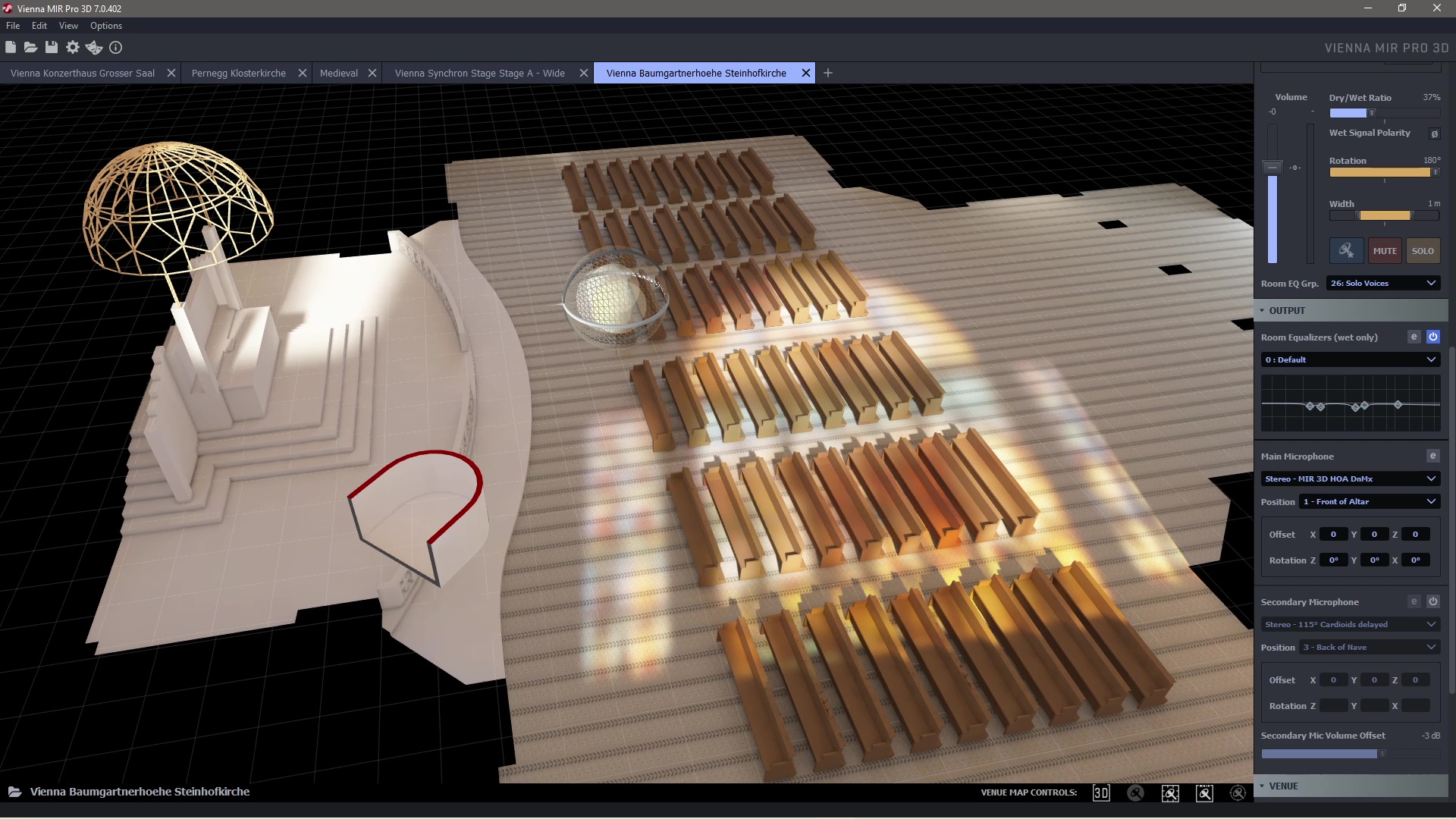 3D rendering of Vienna MIR Pro software simulating the acoustics of Vienna Baumgartnerhoehe Steinhofkirche, showing church pews, altar, and a spherical microphone array.