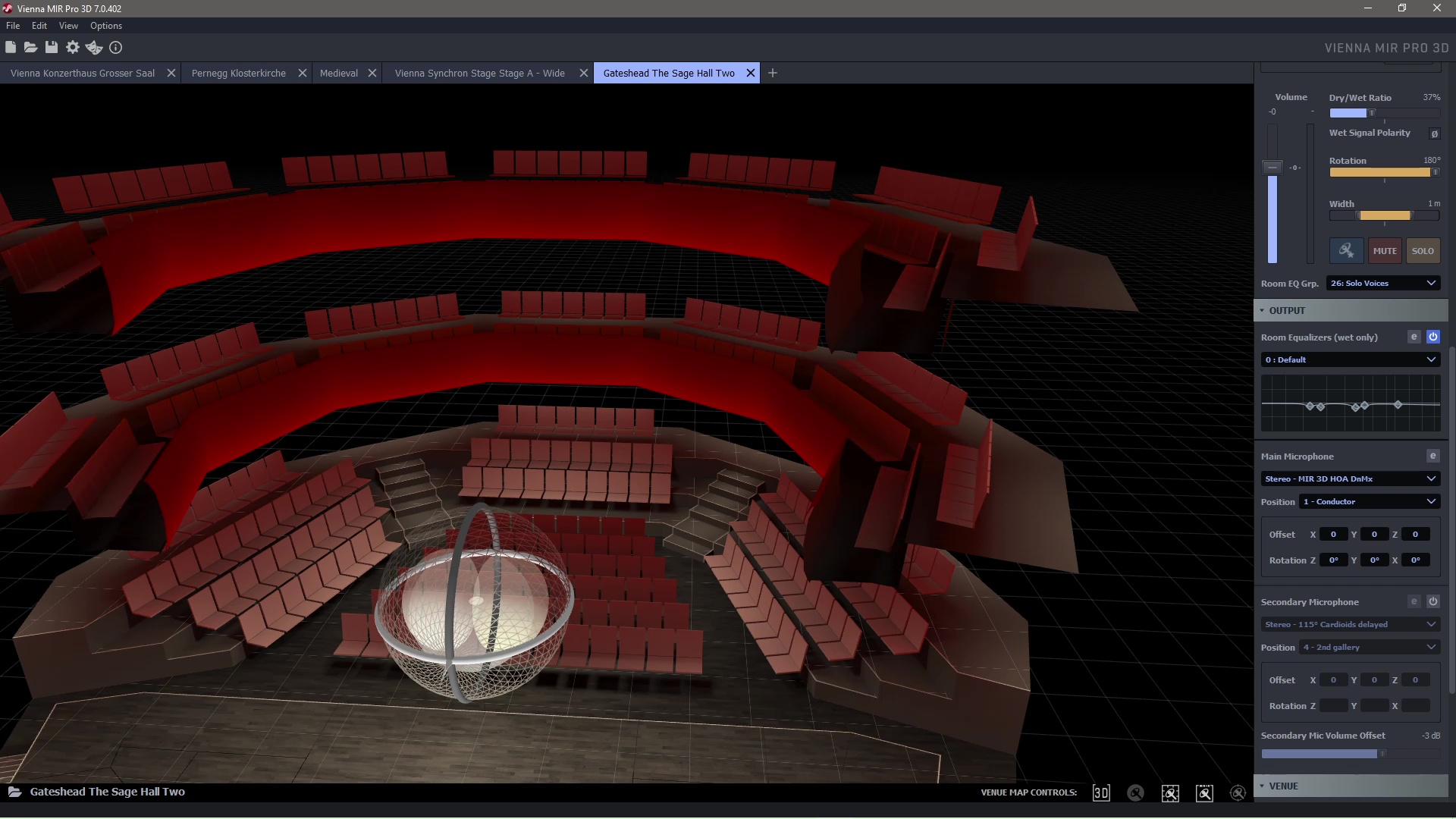 Screenshot of Vienna MIR Pro 3D 7.0.402 software with a 3D model of Gateshead The Sage Hall Two. The interface shows controls for volume, EQ, and microphone settings, along with various virtual venues.