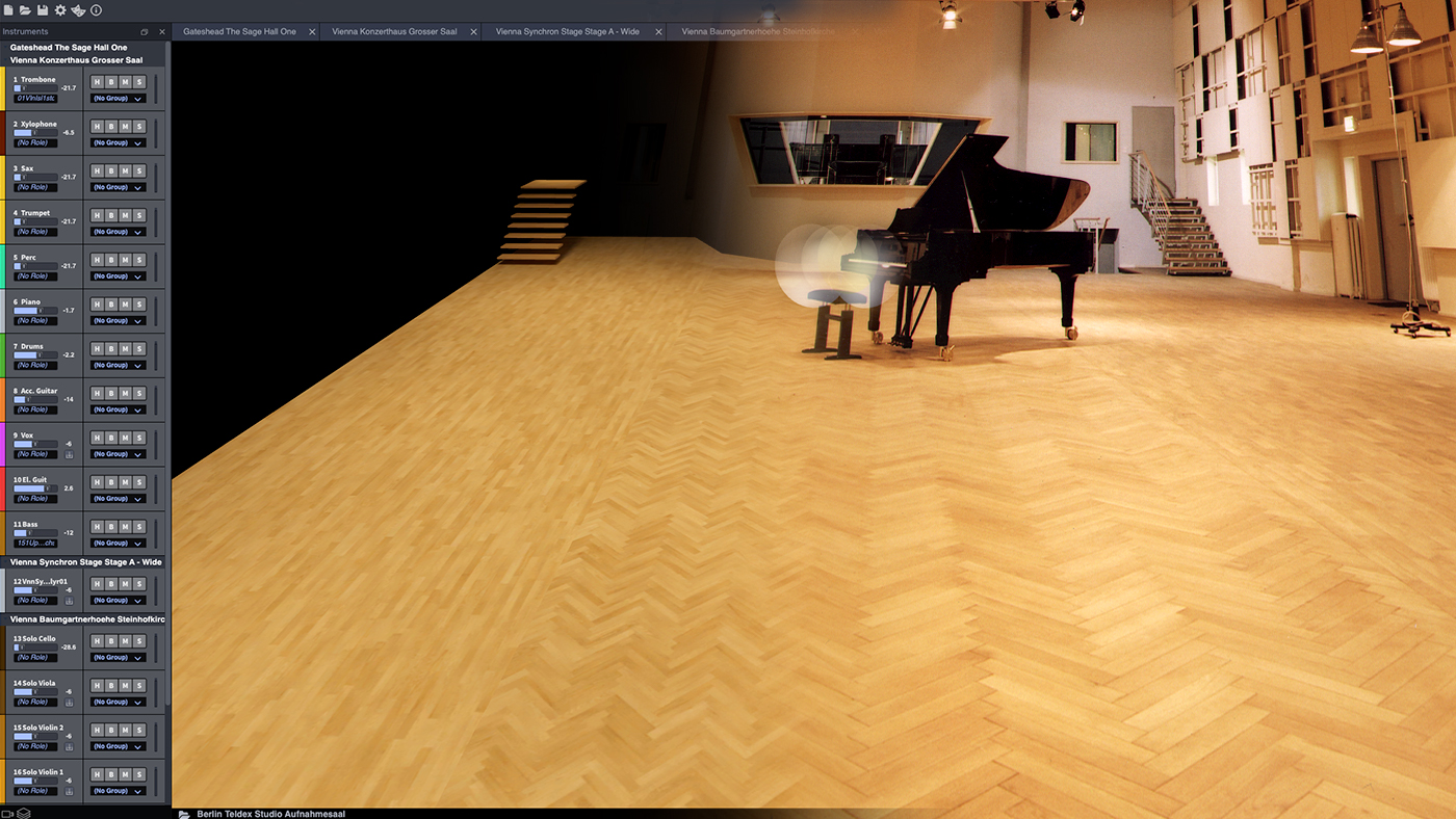 Screen capture of a digital audio workstation (DAW) interface, showing an empty virtual concert hall rendered with wood herringbone flooring, featuring a grand piano on the right, and instrument track controls on the left.