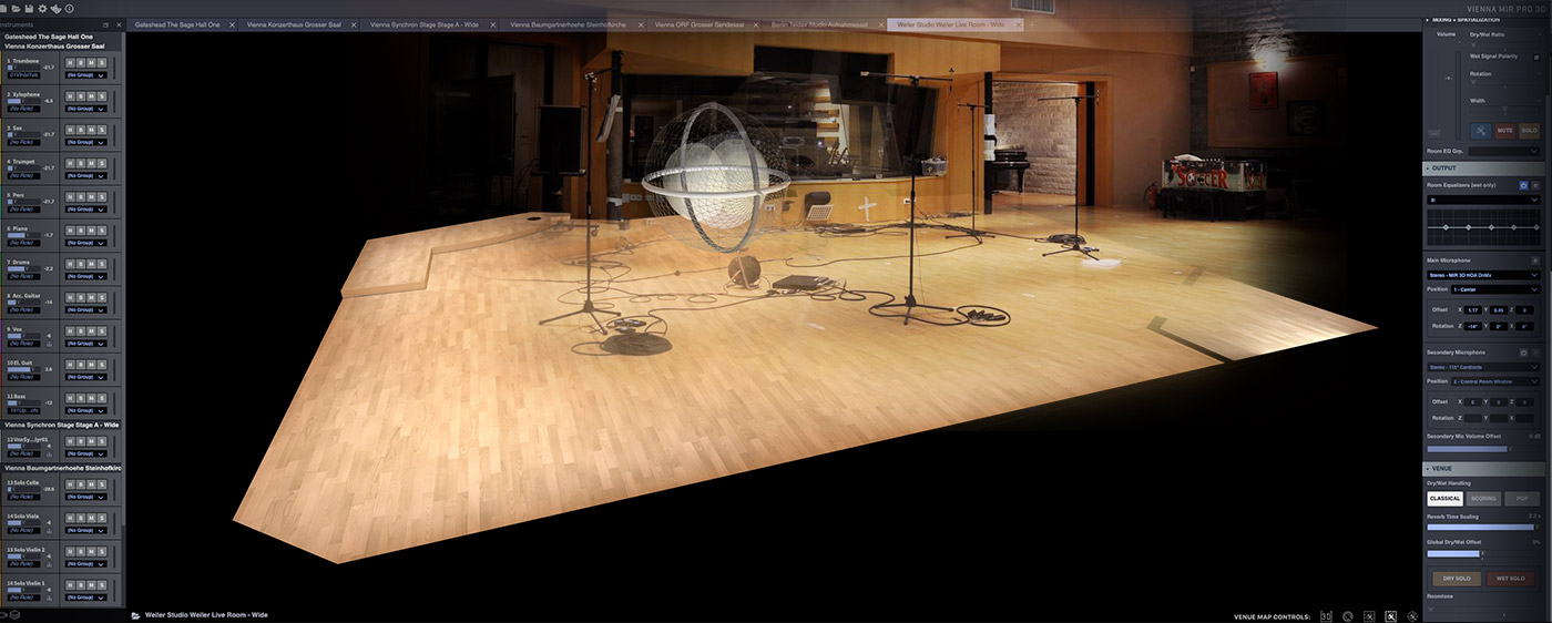 Professional audio mixing software interface showing a detailed 3D spatialization model of a live recording studio with wooden floors, instrument channels, and reverb controls.