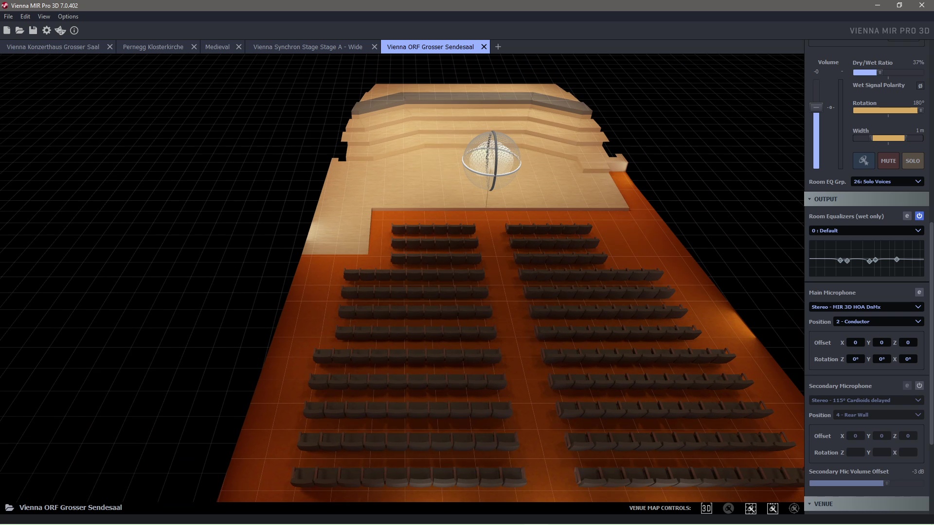 3D view of the Vienna ORF Grosser Sendesaal in Vienna MIR Pro 3D software, showing rows of seats, illuminated stage with a spherical microphone, and detailed audio settings for sound engineering.