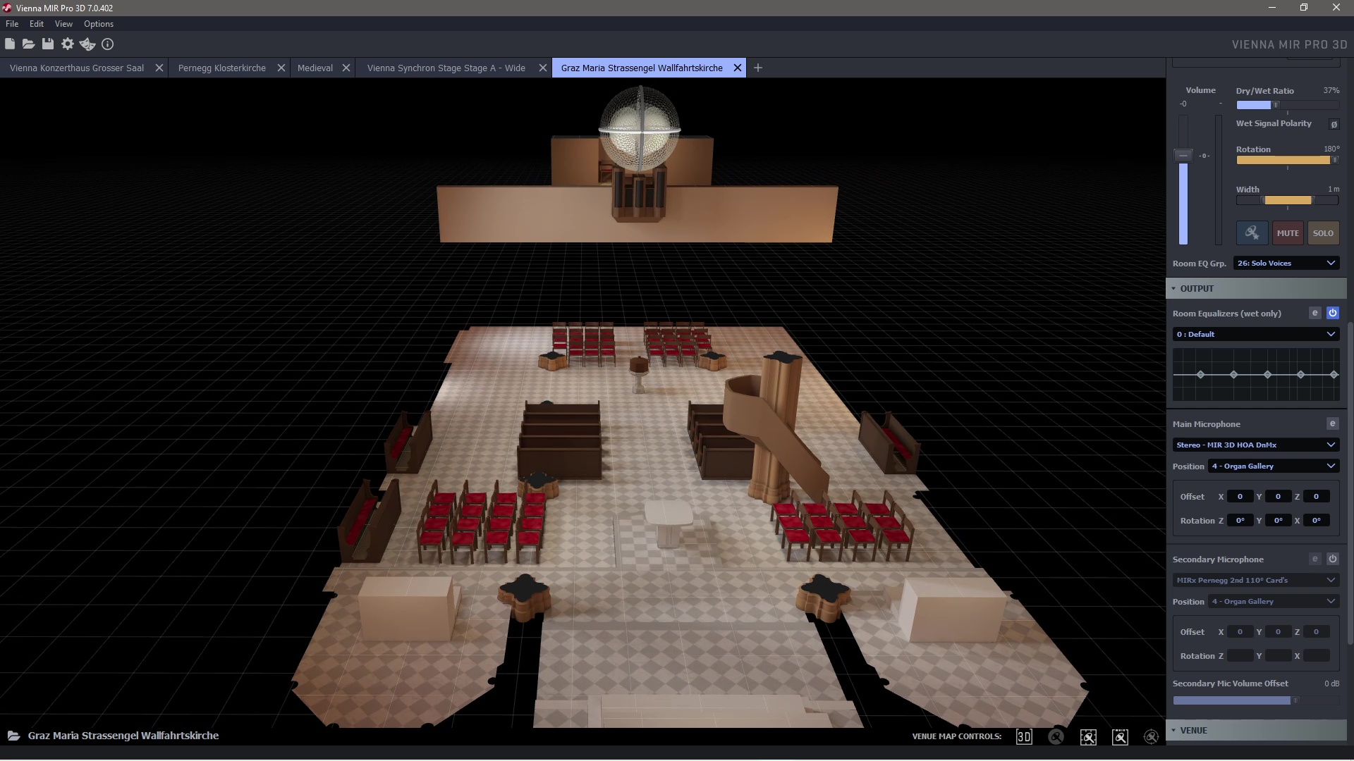 3D rendered model of the Graz Maria Strassengel Wallfahrtskirche church interior in Vienna MIR Pro 3D software showing microphone placement and audio settings.