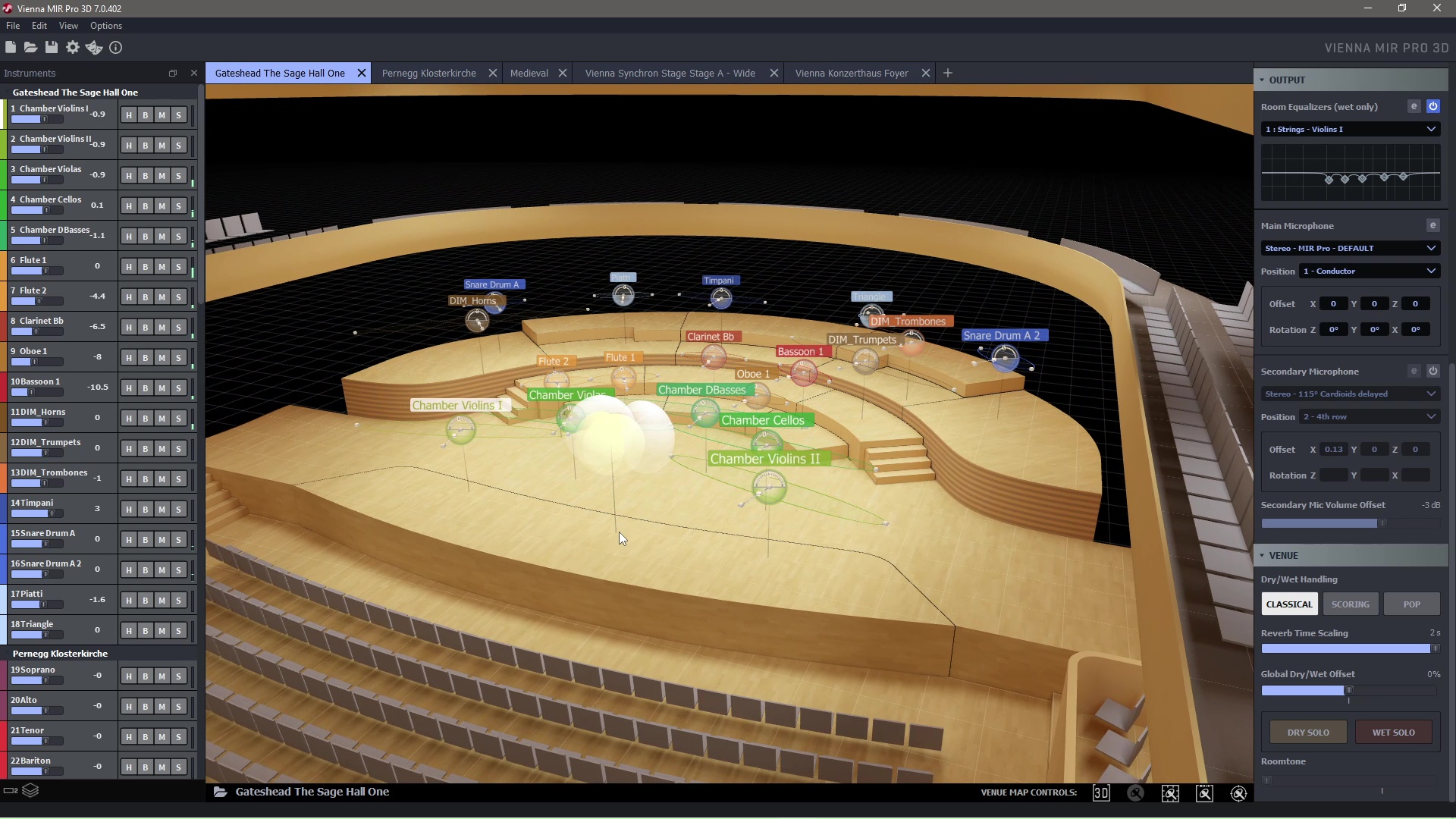 Vienna MIR Pro 3D software interface displays orchestral instruments positioned on a virtual concert stage, with control panels for sound mixing and spatial adjustments.