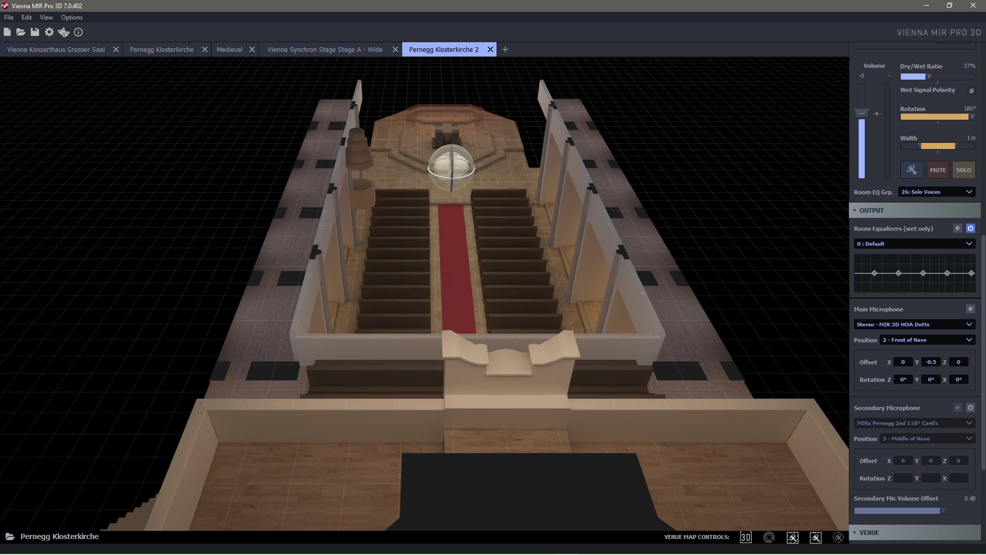 Overhead view of a 3D architectural model of Pernegg Klosterkirche, an Austrian church, displayed within the Vienna MIR Pro 3D 7.0.402 software interface, showing rows of pews, a red carpet aisle, and audio settings on the right panel.