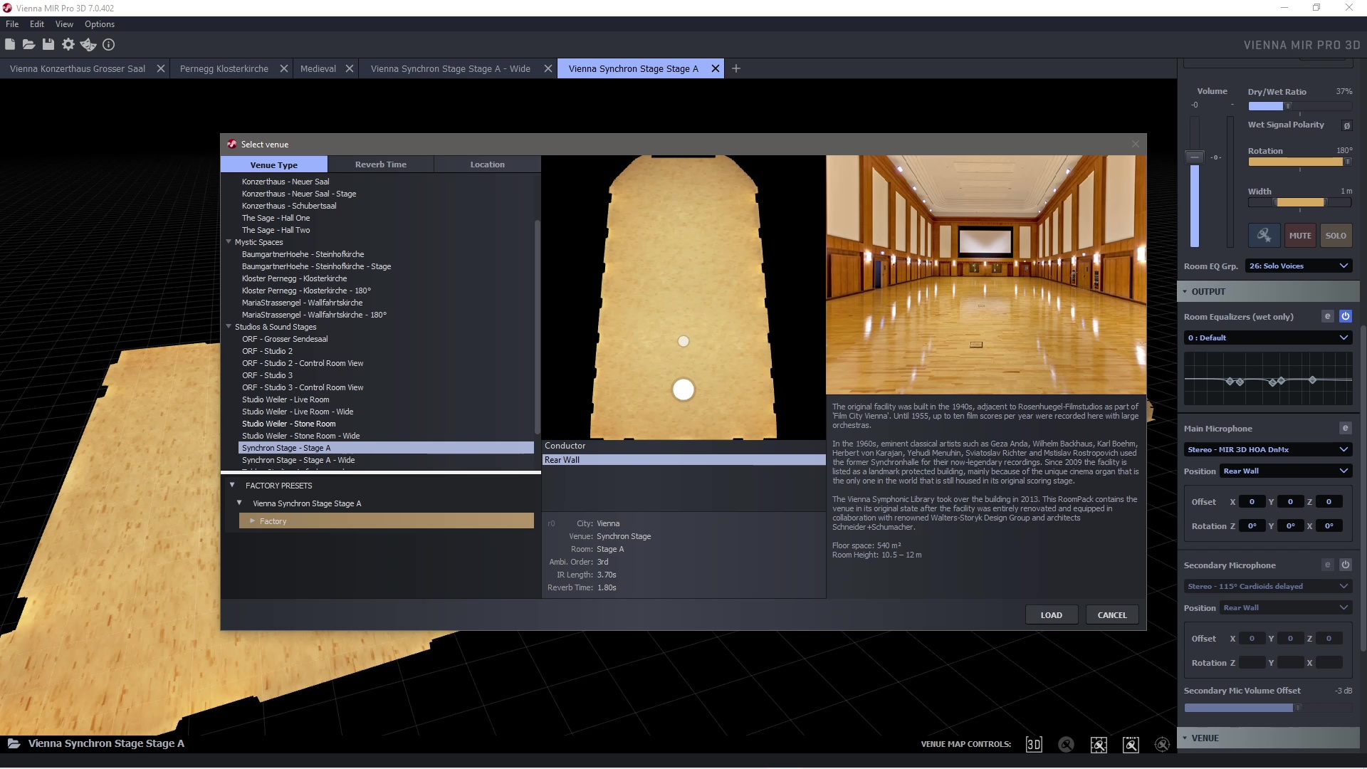 Software interface for Vienna MIR Pro 3D 7.0.402, showing options for selecting virtual venues and adjusting audio parameters.