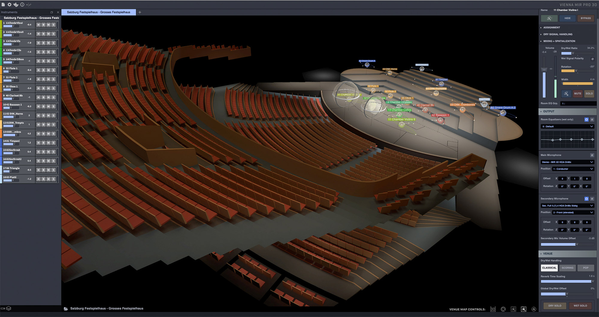 3D acoustic simulation of the Salzburg Festspielhaus concert hall, showing instrument placements as glowing spheres on stage and audience seating, with software interface controls for mixing and spatialization.
