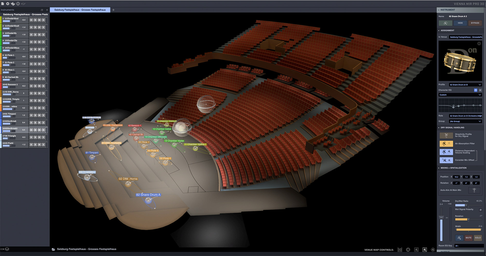 3D audio software interface showing a detailed virtual concert hall with interactive instrument placement and mixing controls.