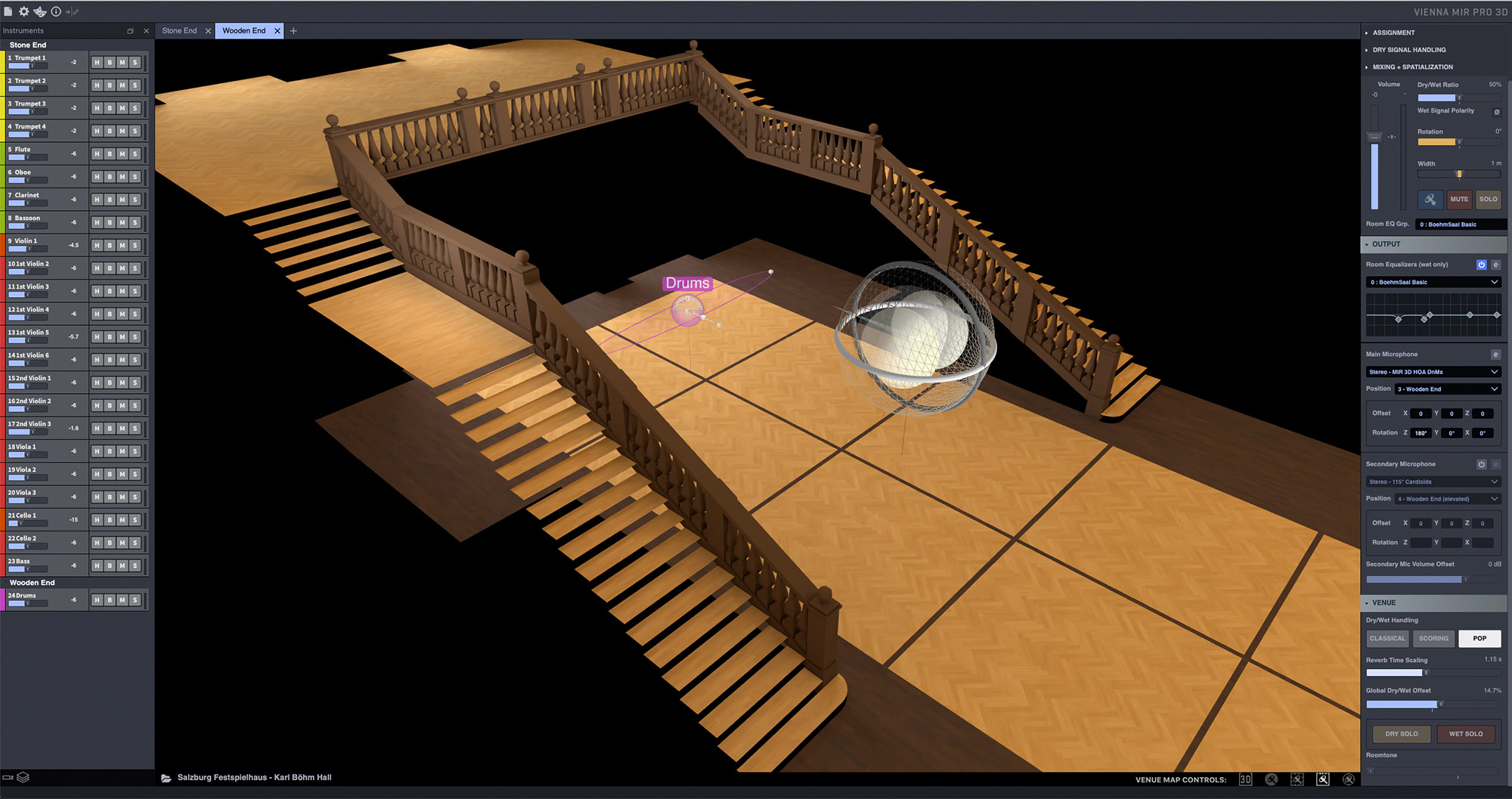 Vienna MIR PRO 3D software interface showing instrument list, 3D venue map of Salzburg Festspielhaus - Karl Böhm Hall with spatialized Drums instrument, and audio mixing controls.
