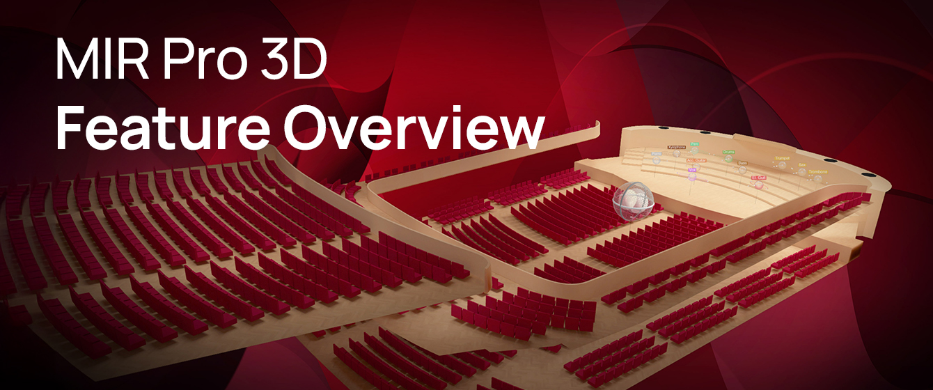 MIR Pro 3D Feature Overview: A 3D rendered interior of an empty concert hall with red seating, beige floors, and sound bubble labels for instruments like xylophone, bass, and trombone, showcasing virtual acoustics audio software.
