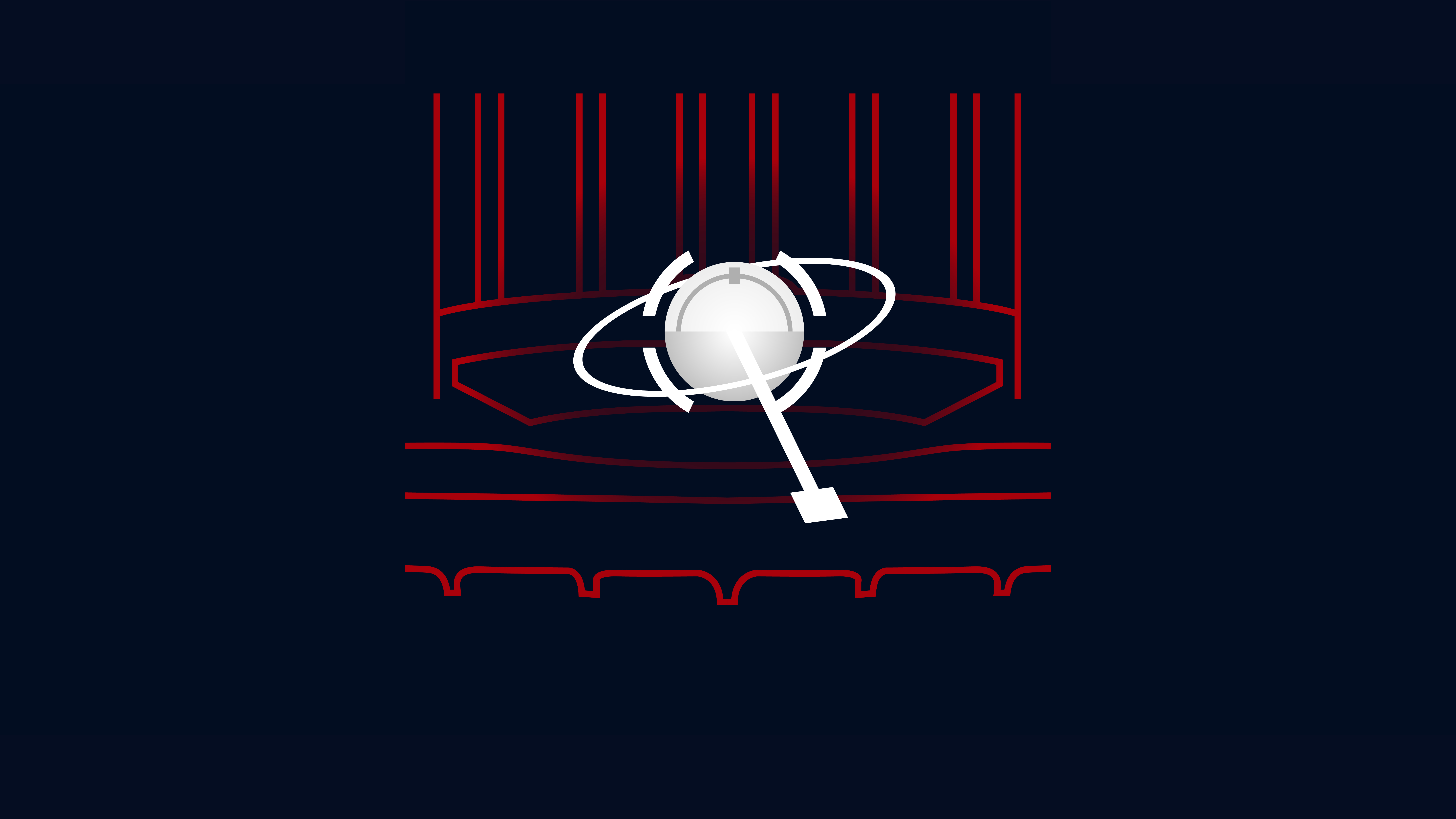 Abstract illustration of a spherical microphone array surrounded by red lines representing a virtual acoustic space, symbolizing the spatial audio capabilities of Vienna MIR Pro 3D software.