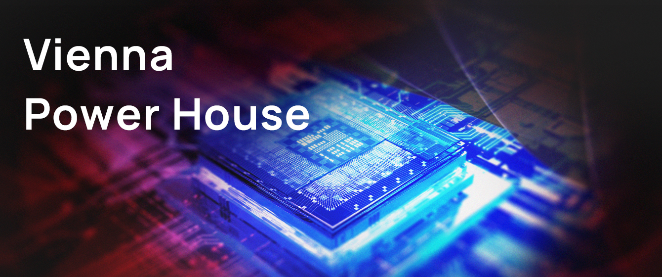 Abstract background image with text Vienna Power House overlaying a glow-lit blue microchip or circuit board, representing technology and power.