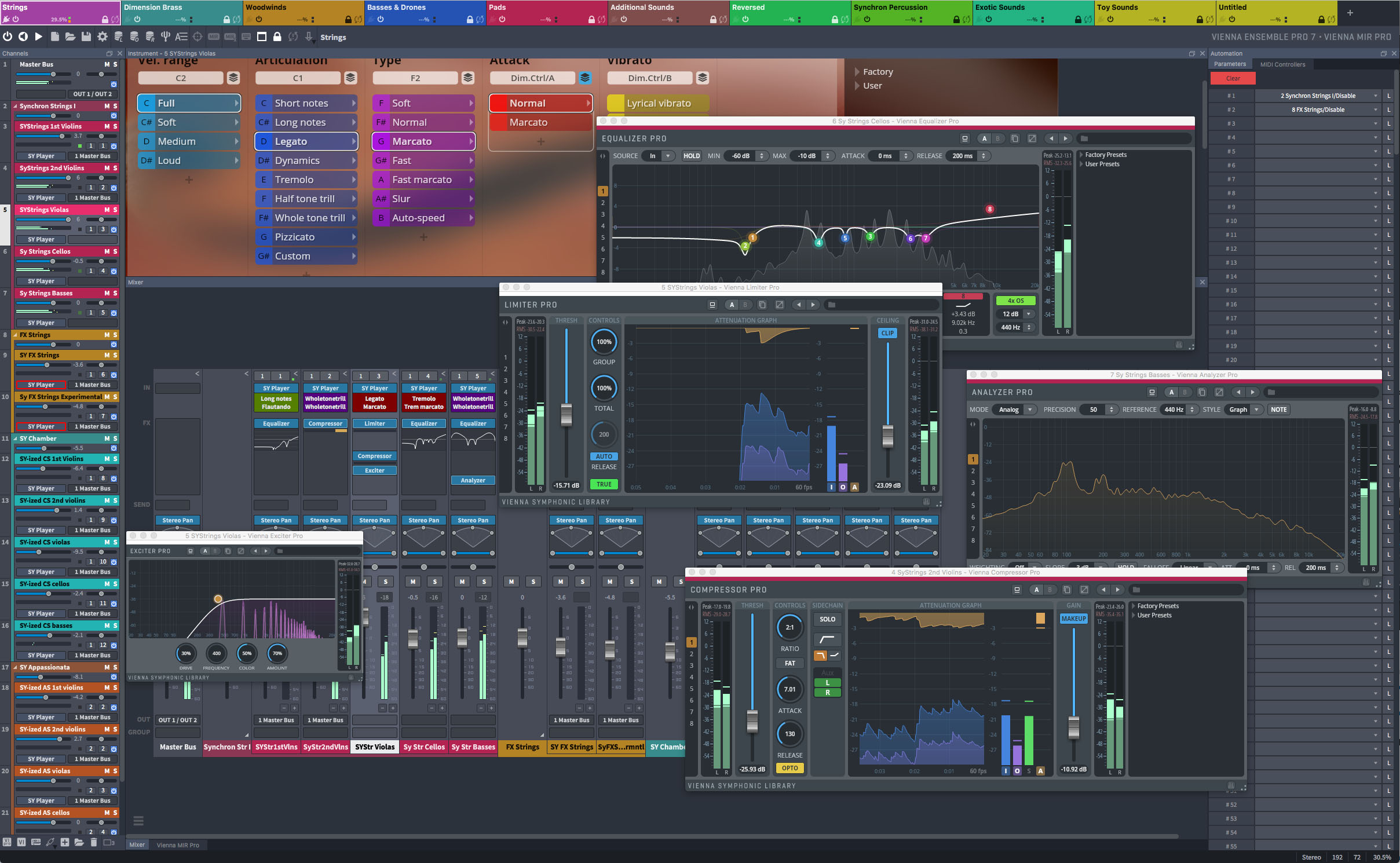 Digital audio workstation (DAW) interface with multiple windows including an equalizer, limiter, compressor, analyzer, and channel controls for music production