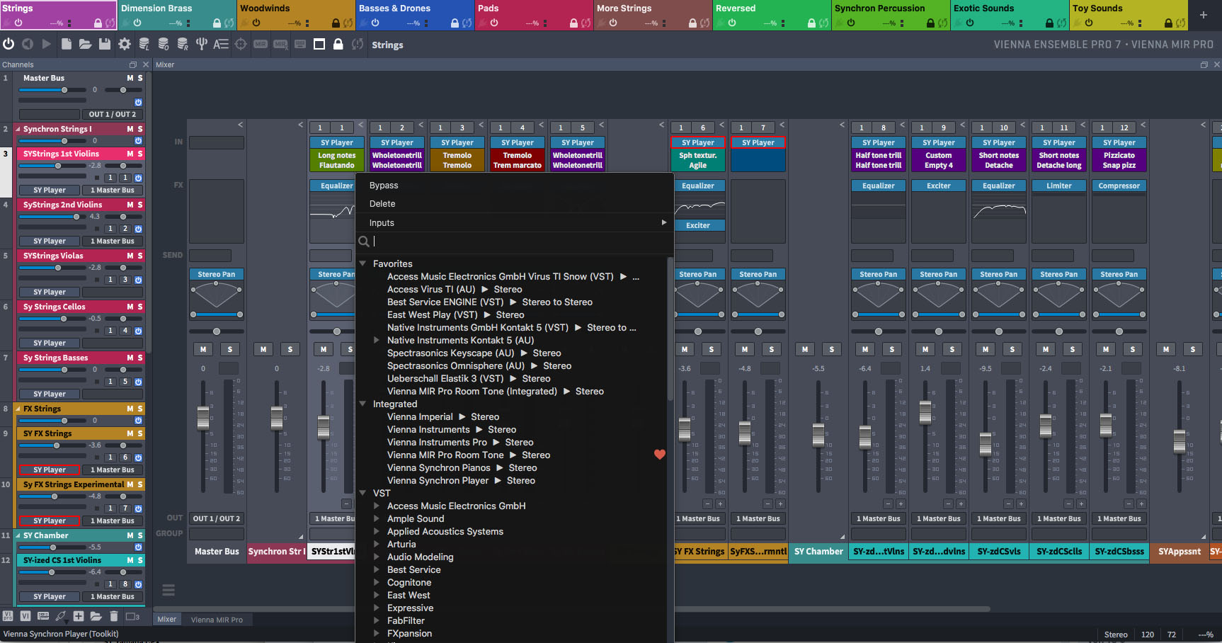 Detailed digital audio workstation interface, showing channel strips, mixer controls, and plugin menus with options for strings, brass, and wind instruments, ideal for music production software.