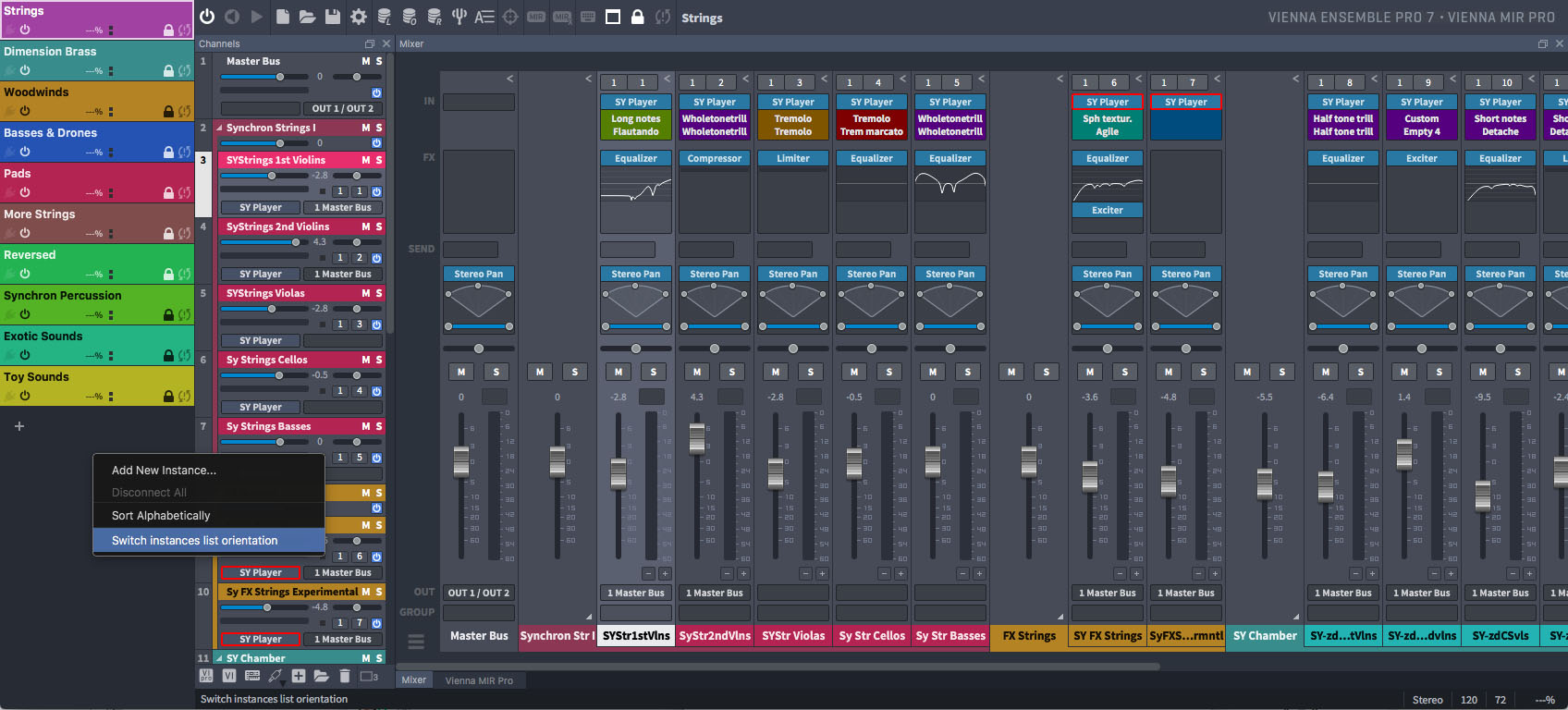A detailed screenshot of the Vienna Ensemble Pro 7 virtual instrument interface, showing the mixer section with multiple channels for orchestral strings, including violins, violas, cellos, and basses, alongside controls for stereo pan, equalization, compression, limiting, and various sound effects.