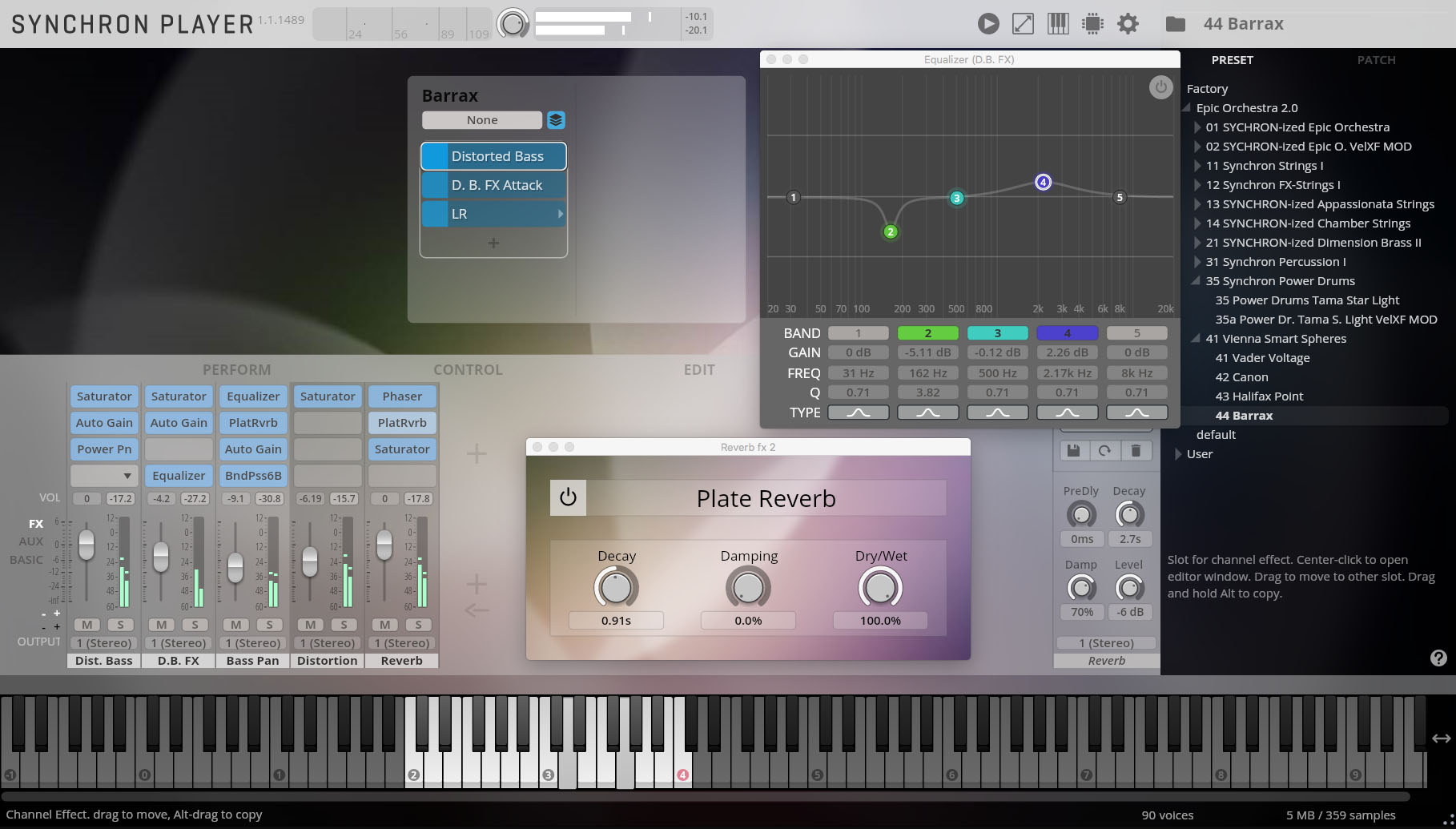 A digital audio workstation (DAW) interface, Synchron Player, featuring a complex layout with controls for equalizer, reverb, and various sound effects, including Barras and Distorted Bass settings.