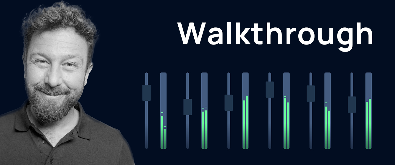 Black and white image of a smiling man with a beard next to the word Walkthrough and several audio mixer equalizer sliders.