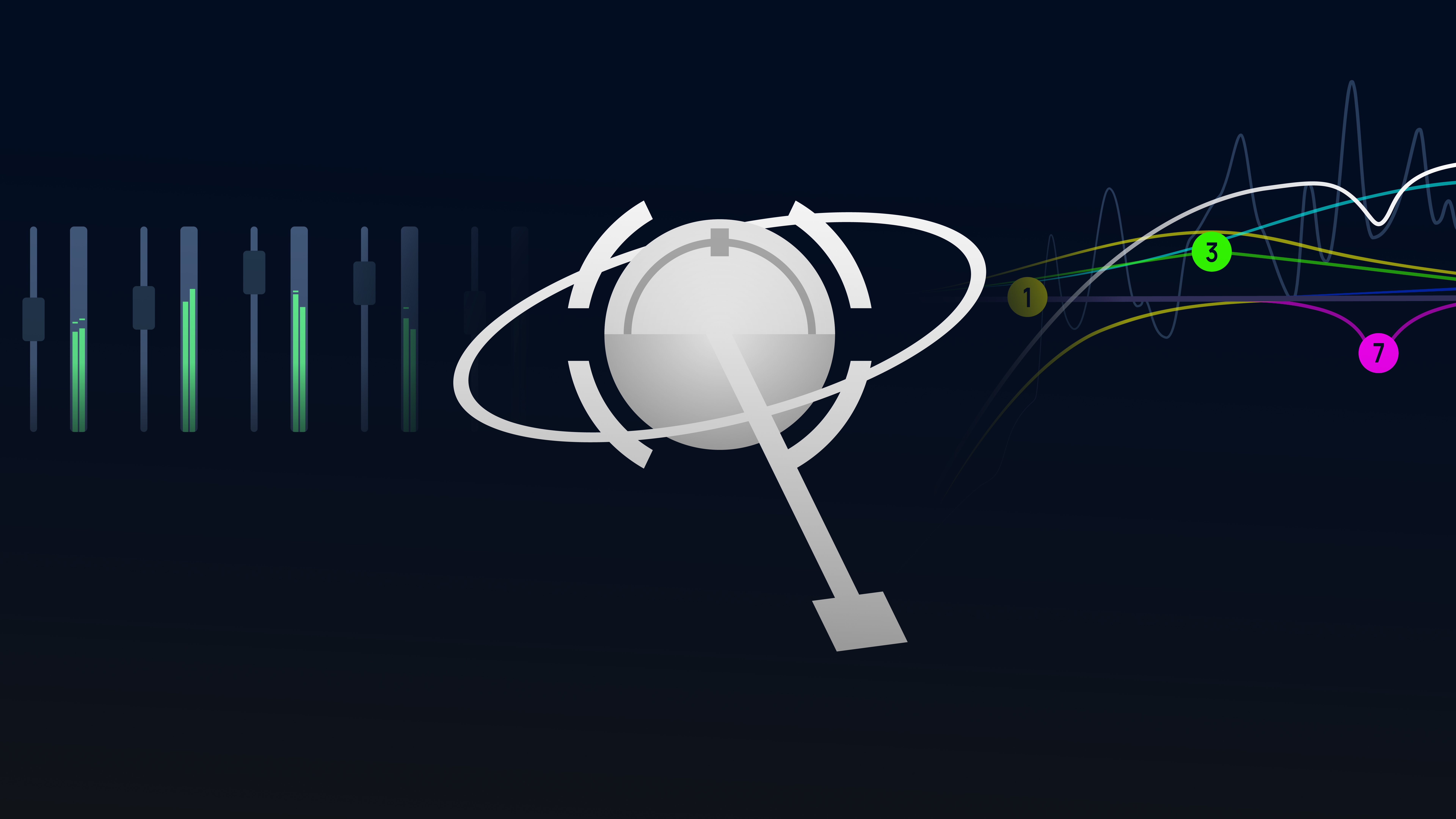 A dark blue background featuring an audio mixing board with green level meters, a white abstract logo resembling a magnifying glass or probe with orbital rings, and colorful sound wave charts with points 1, 3, and 7 highlighted, symbolizing software features or data analysis.