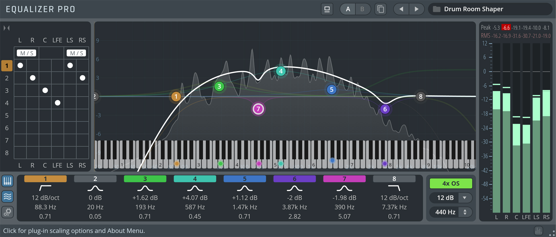 Digital audio Equalizer Pro interface displaying multiple adjustable frequency bands, a piano roll, and channel level meters.