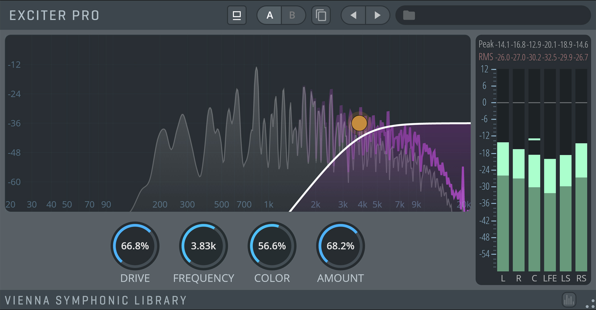 EXCITER PRO audio plugin interface displaying a frequency spectrum analyzer, level meters, and controls for Drive, Frequency, Color, and Amount.
