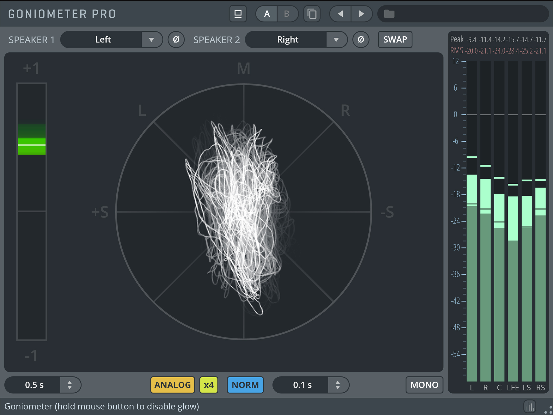 Goniometer Pro audio visualization with speaker settings, stereo field display showing a dense white waveform, peak and RMS level meters, and adjustable parameters for audio analysis.