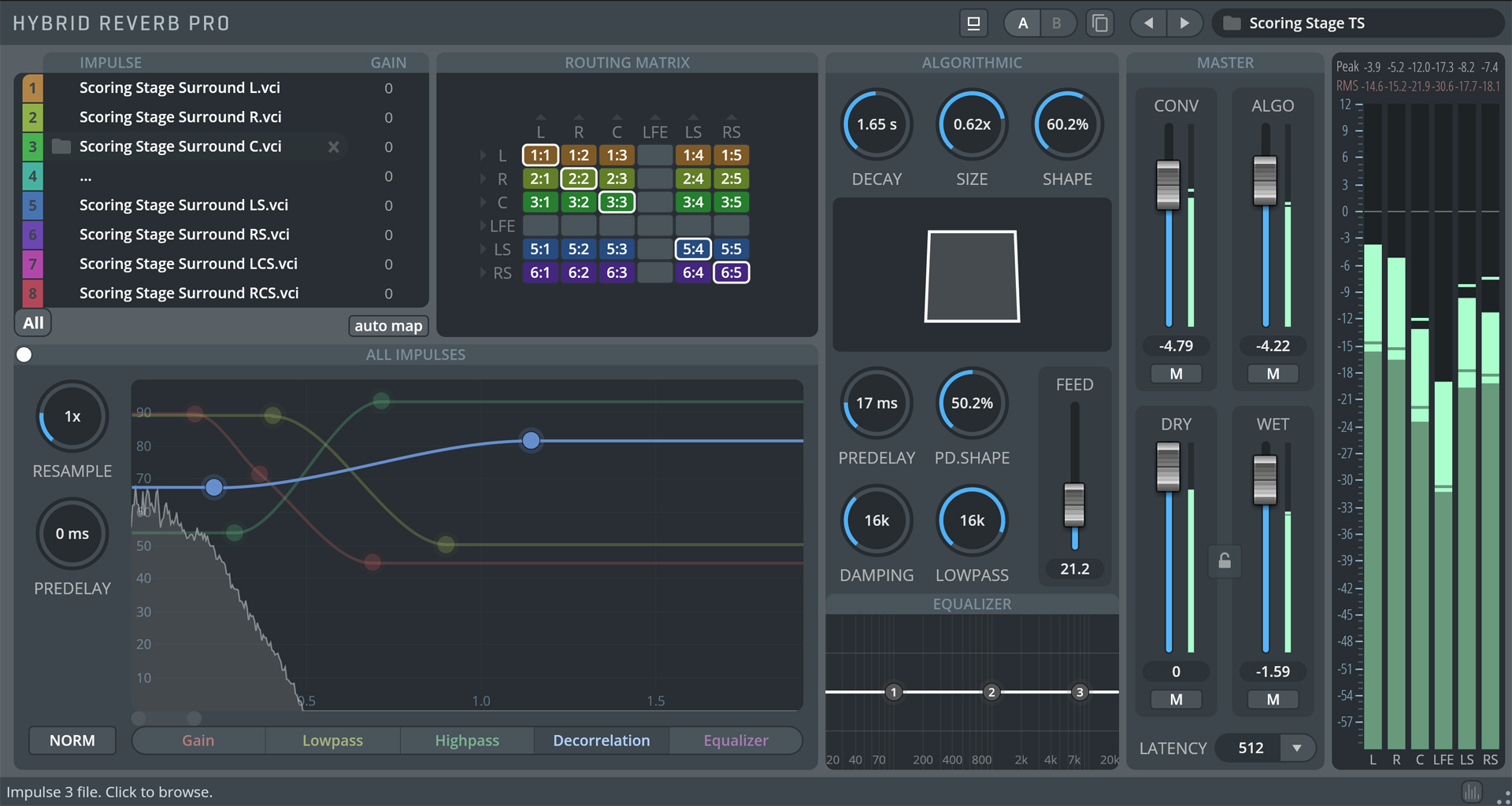 Hybrid Reverb Pro audio plugin interface showing impulse responses, routing matrix, algorithmic controls, master faders, and a real-time analyzer.