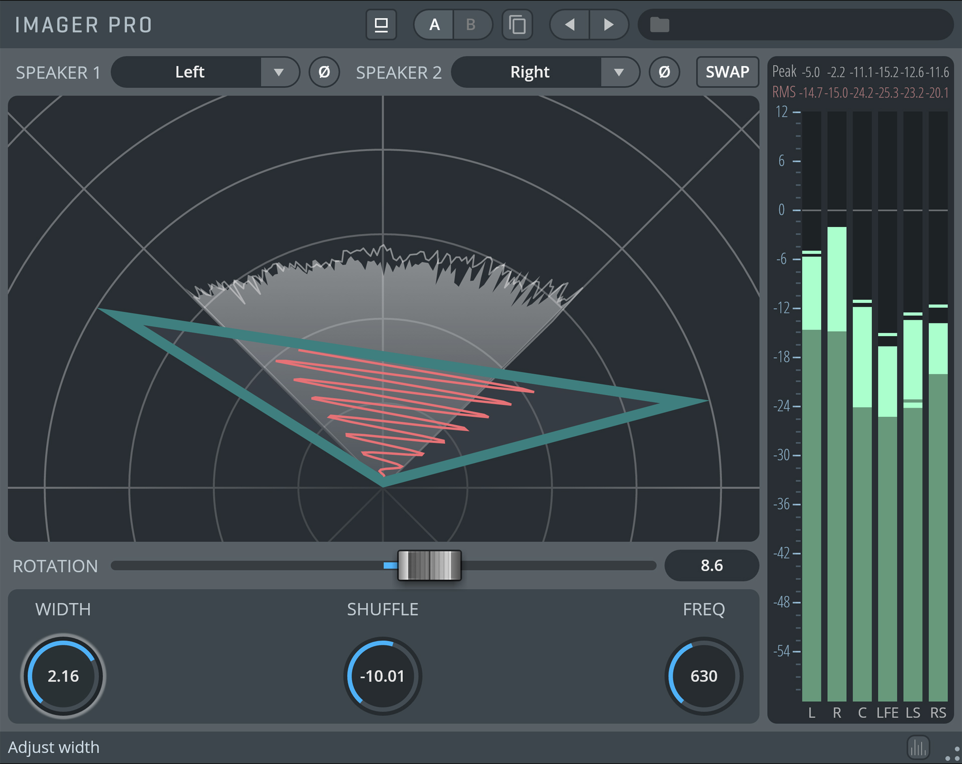 IMAGER PRO audio plugin interface displaying speaker controls, rotational adjustments, width, shuffle, frequency settings, and a real-time audio level meter.
